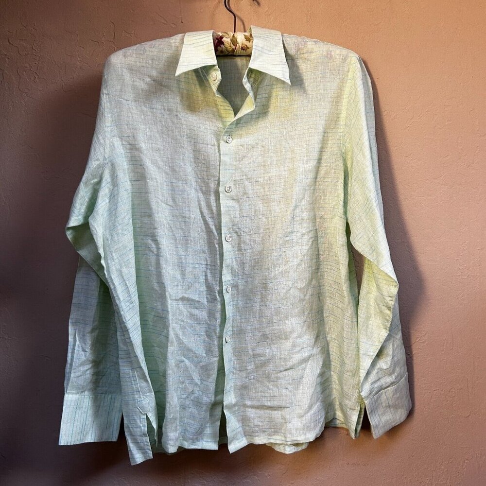 Craig Taylor Men's  Button Down Long Sleeve Top Lightweight Linen Stripe Green